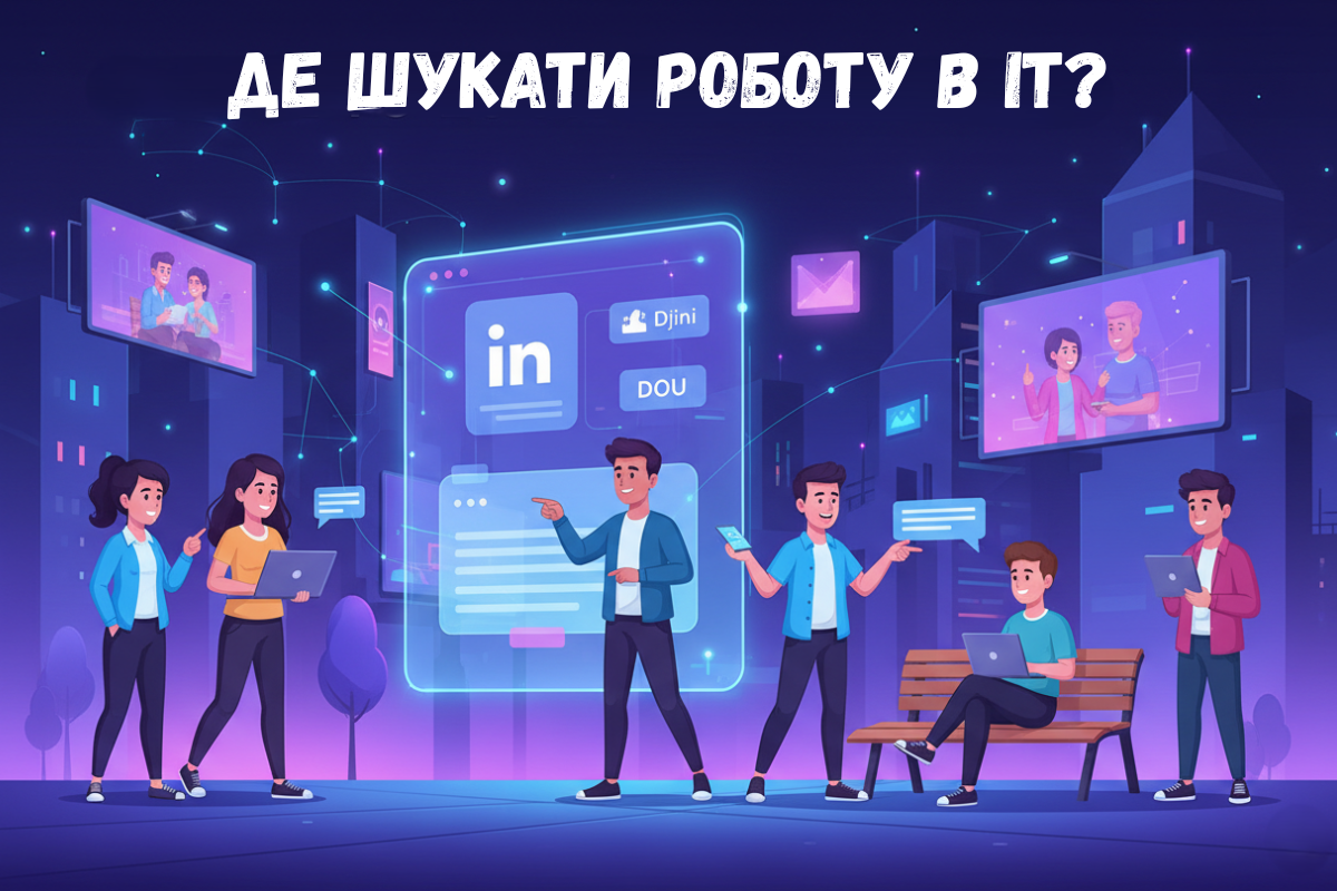 Група людей обговорює пошук роботи в IT біля екранів з LinkedIn