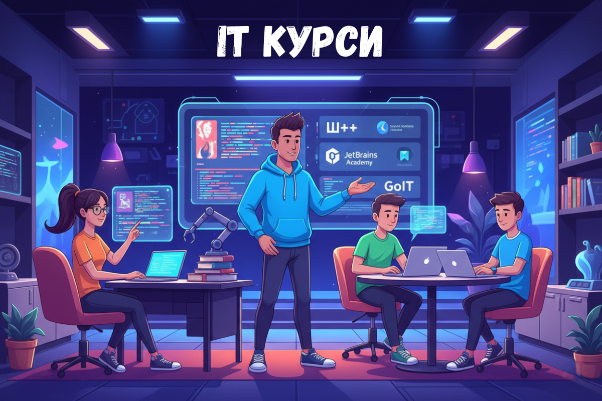 Молоді люди навчаються програмуванню з VR-гарнітурою